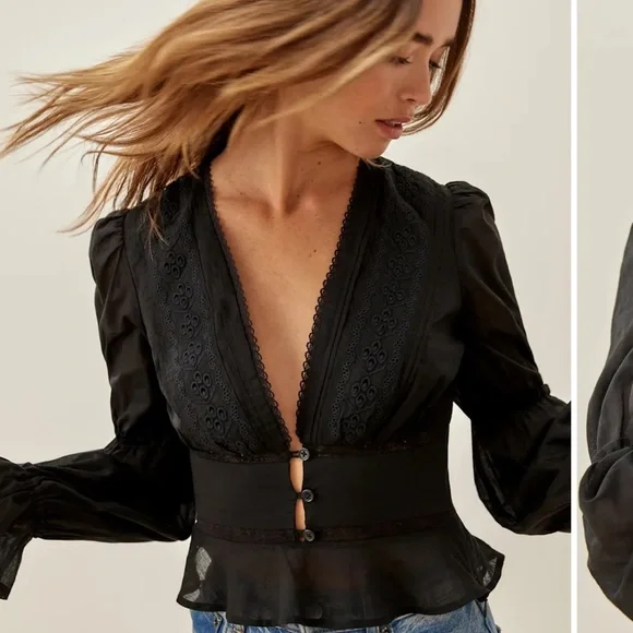 Reformation Meadowlark Black Lace Detail Blouse Never Worn. Too big for me - Picture 1 of 4